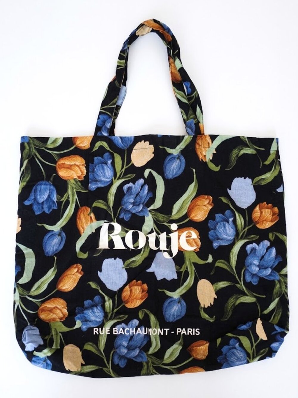 NEW Rouje Paris Floral Canvas Tote Bag | Black Tulip Print